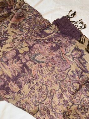 Pashmina Cashmere Silk Blend Scarf Wrap purple floral Fringe Elegant Women